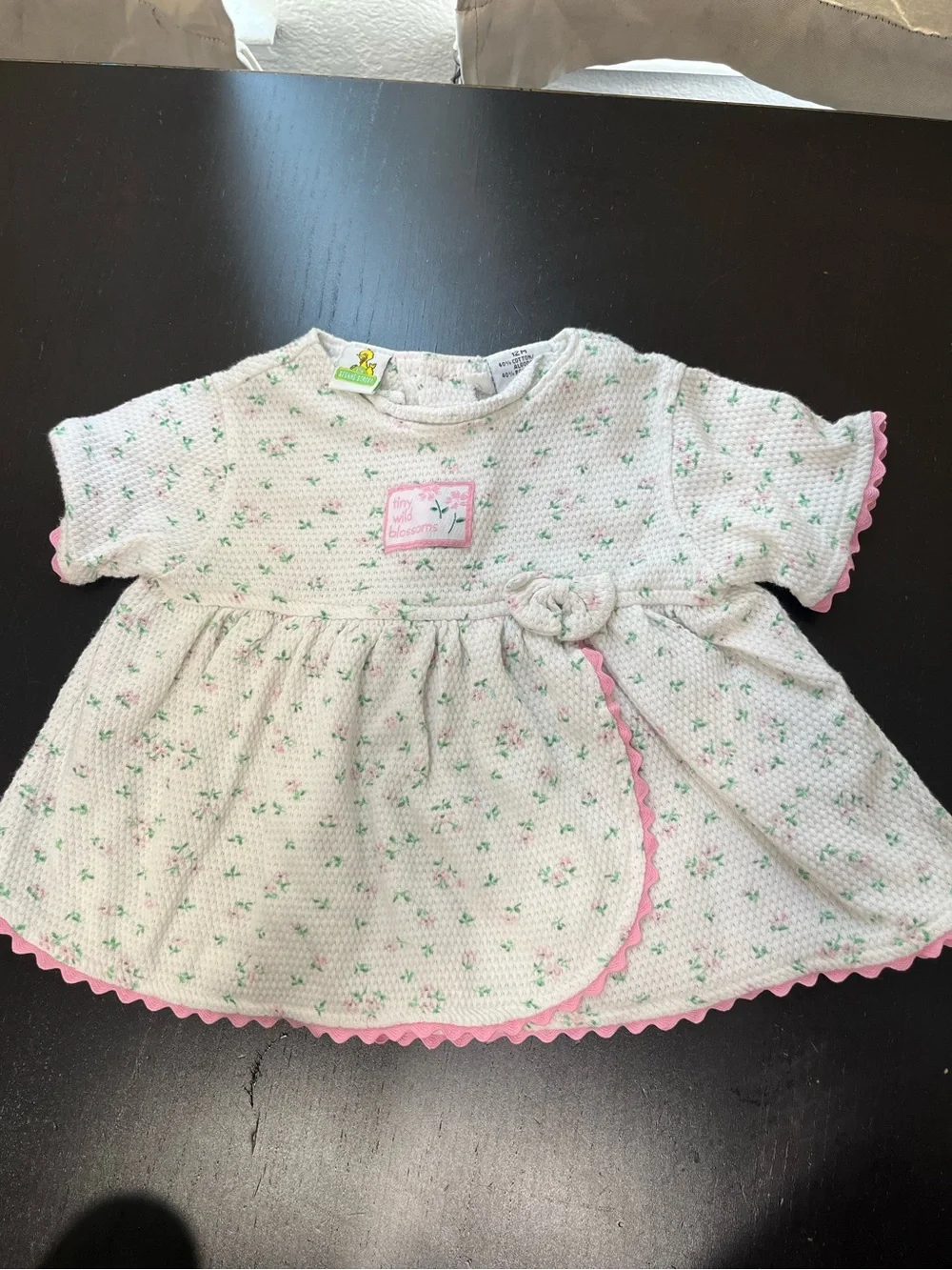 Vintage Sesame Street tiny wild blossoms Floral Textured Dress with Pink trim